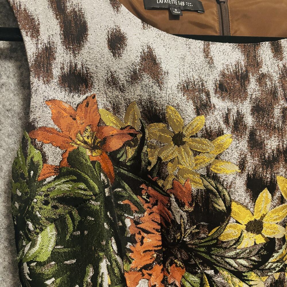 Lafayette 148 New York Dress Womens Size 0 Brown Leopard Floral Animal Sheath - Picture 5 of 15